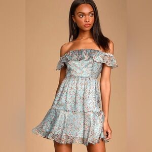 Lulu's Strapless Floral Blue Dress